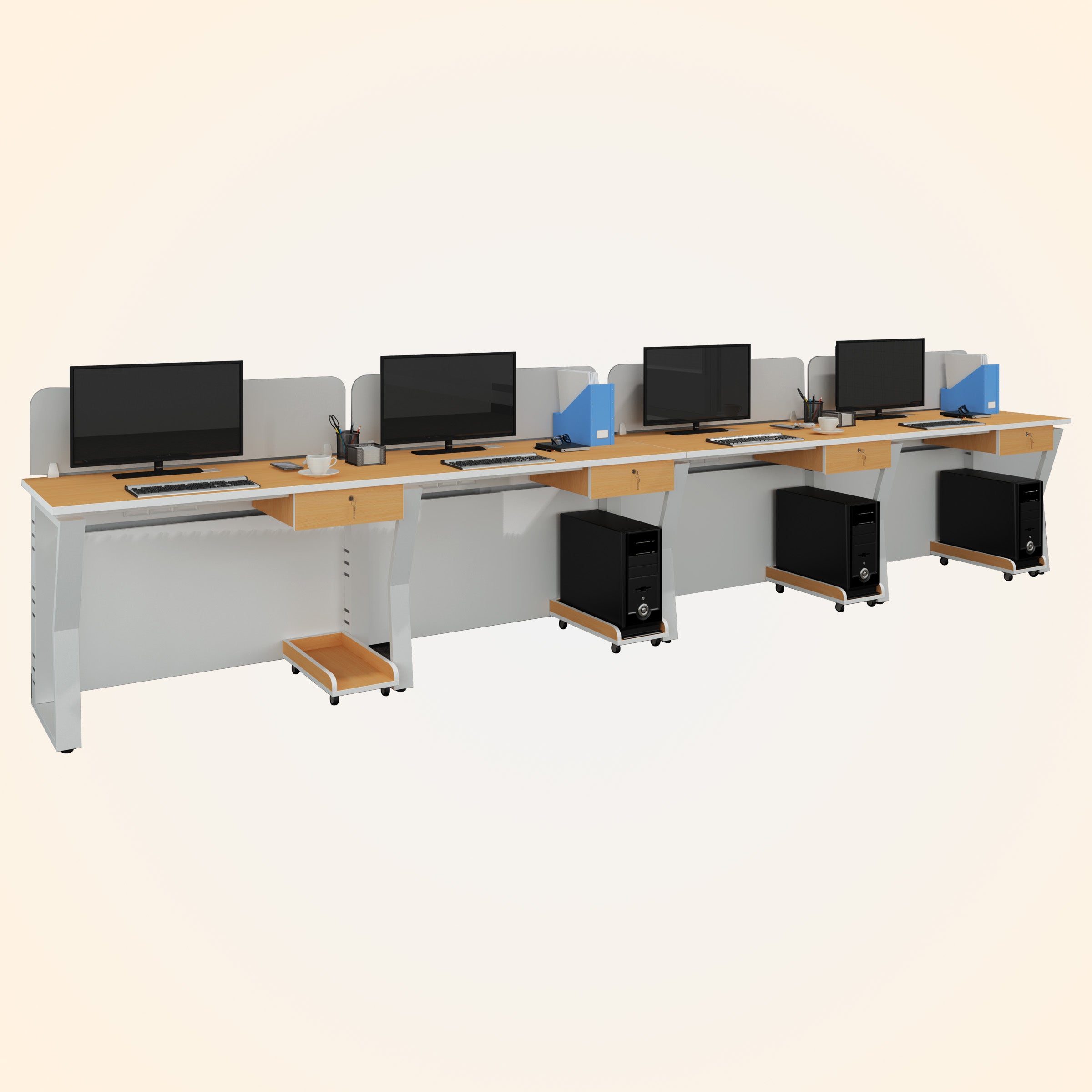 Workstation | Alabaster | 4 Seater | Side by Side | Single Hanging Drawer