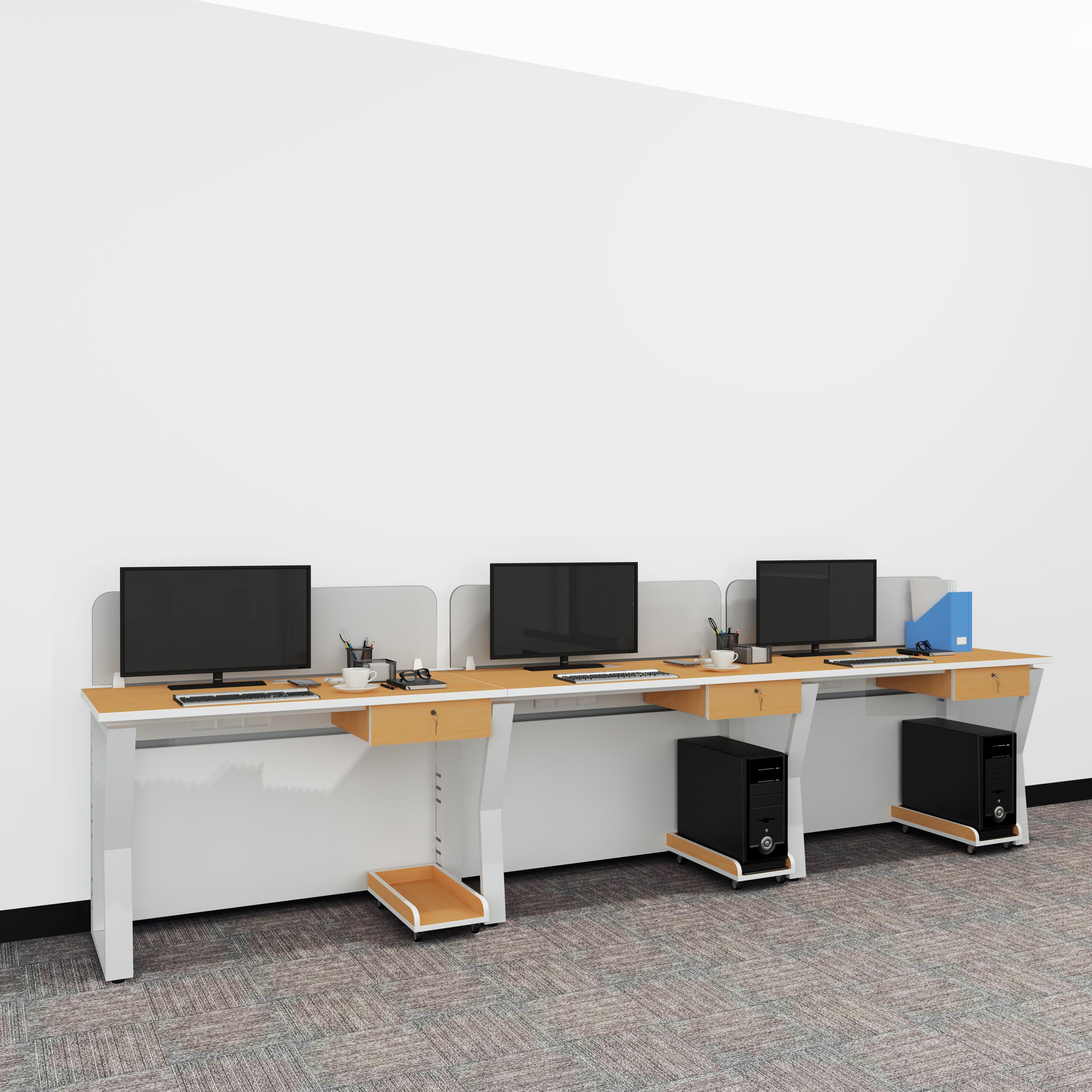 Workstation | Alabaster | 3 Seater | Side by Side | Single Hanging Drawer