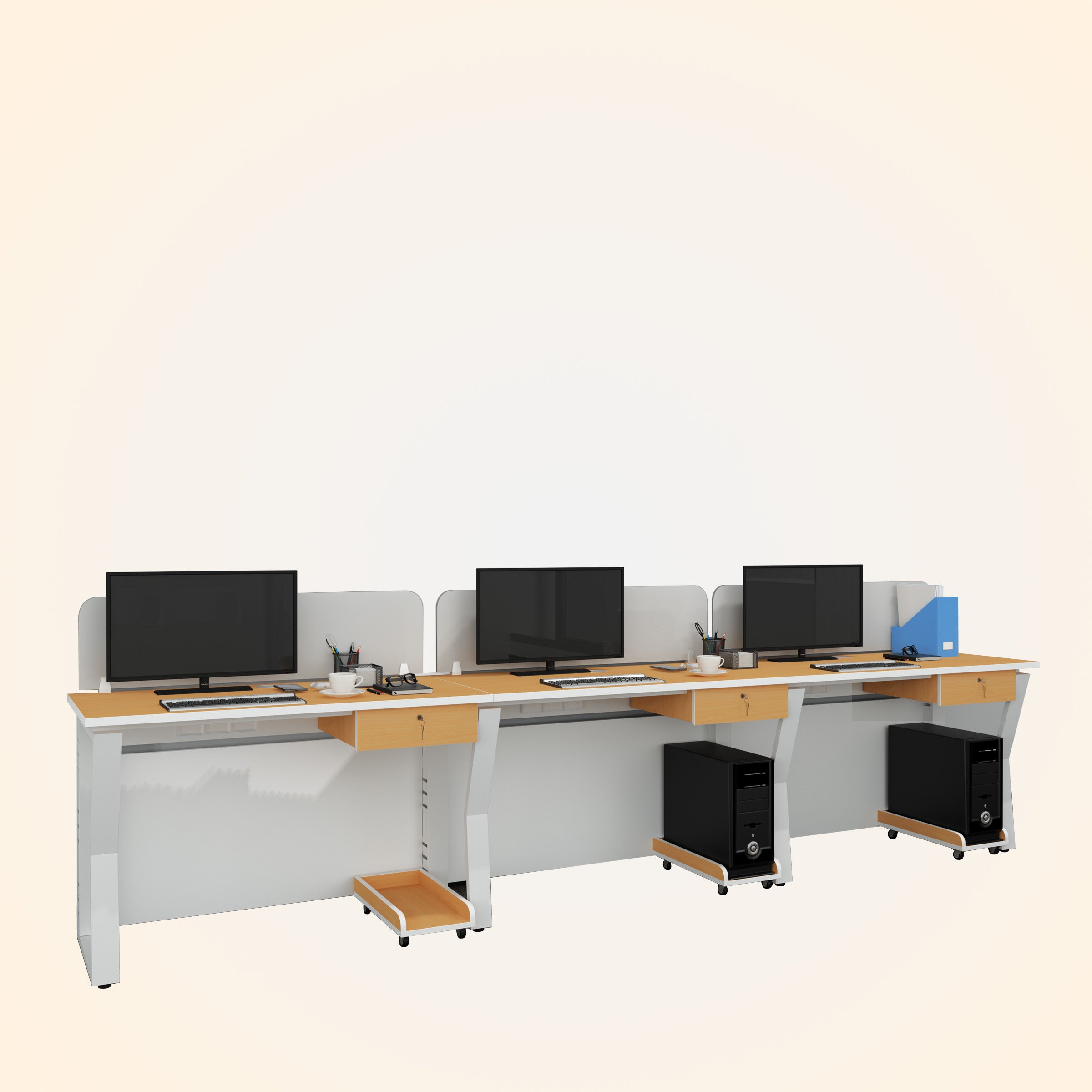 Workstation | Alabaster | 3 Seater | Side by Side | Single Hanging Drawer