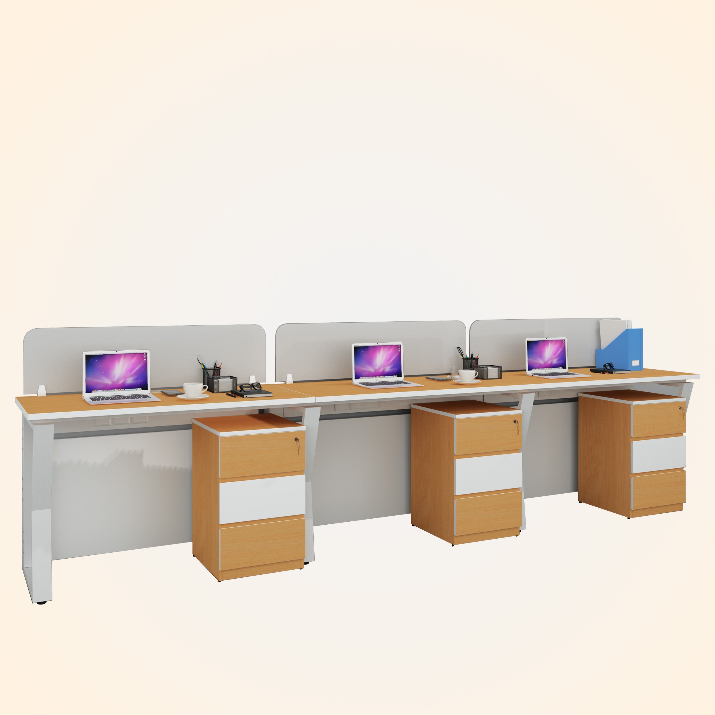 Workstation | Alabaster | 3 Seater | Side by Side | Side Rack