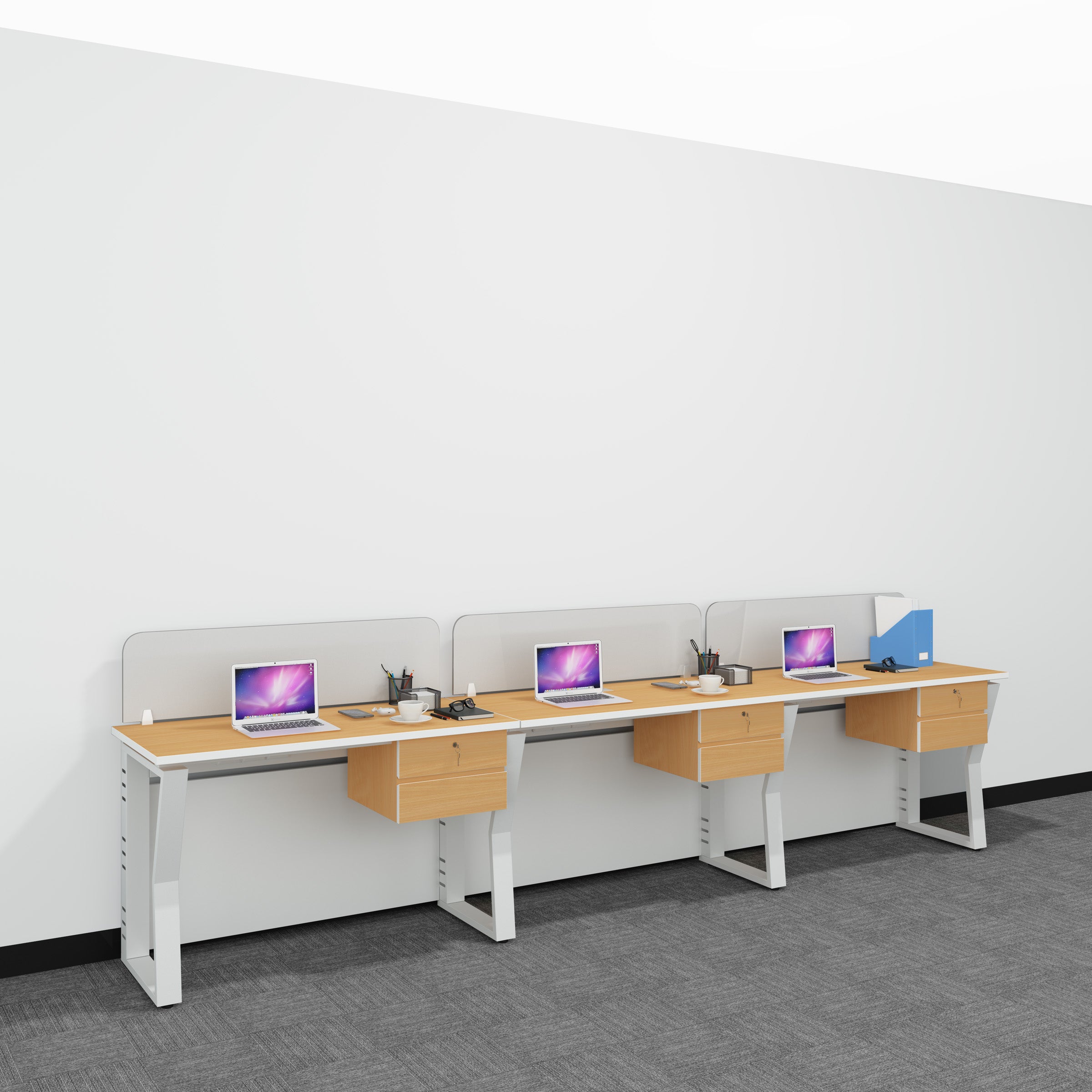 Workstation | Alabaster | 3 Seater | Side by Side | Side Rack