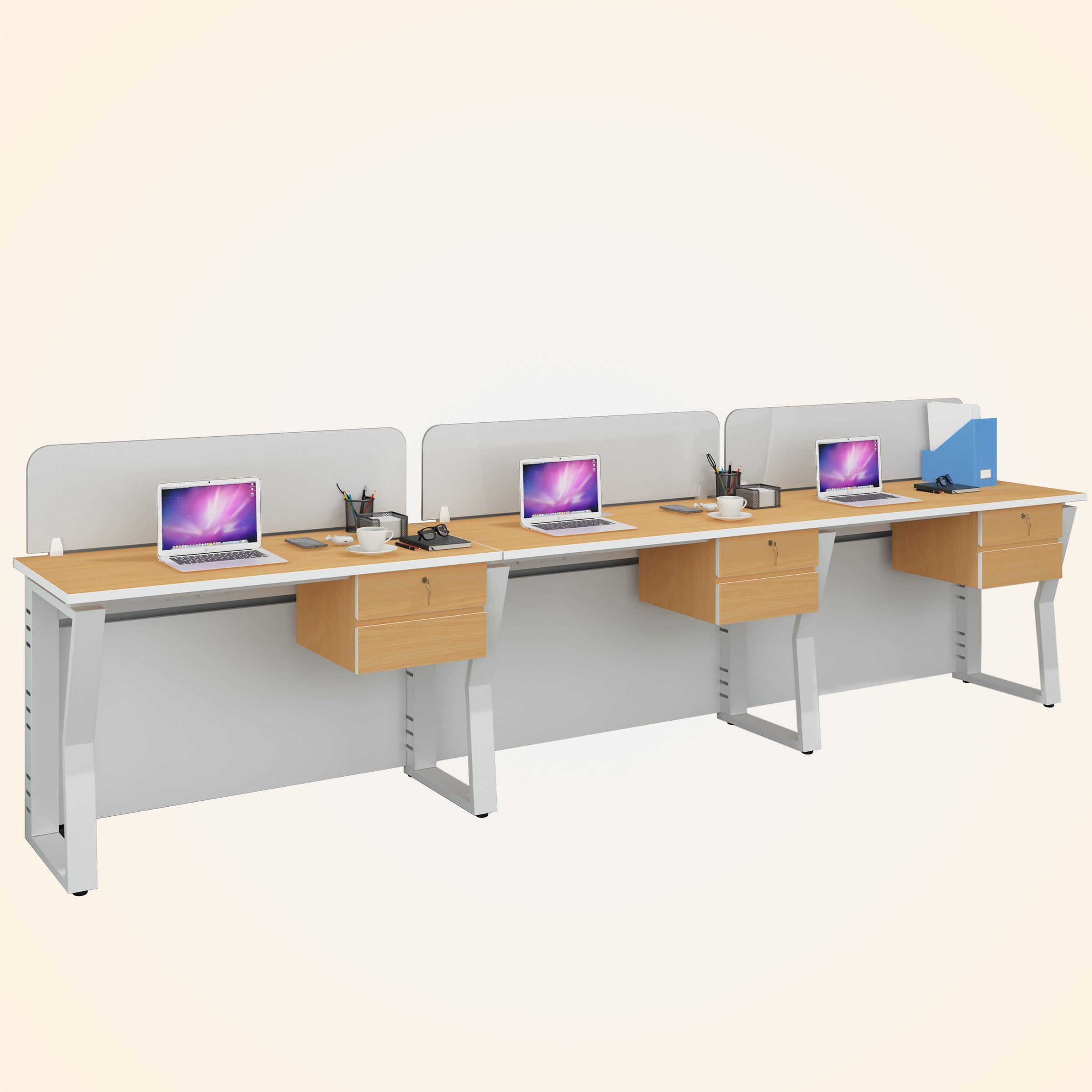 Workstation | Alabaster | 3 Seater | Side by Side | Two Hanging Drawer