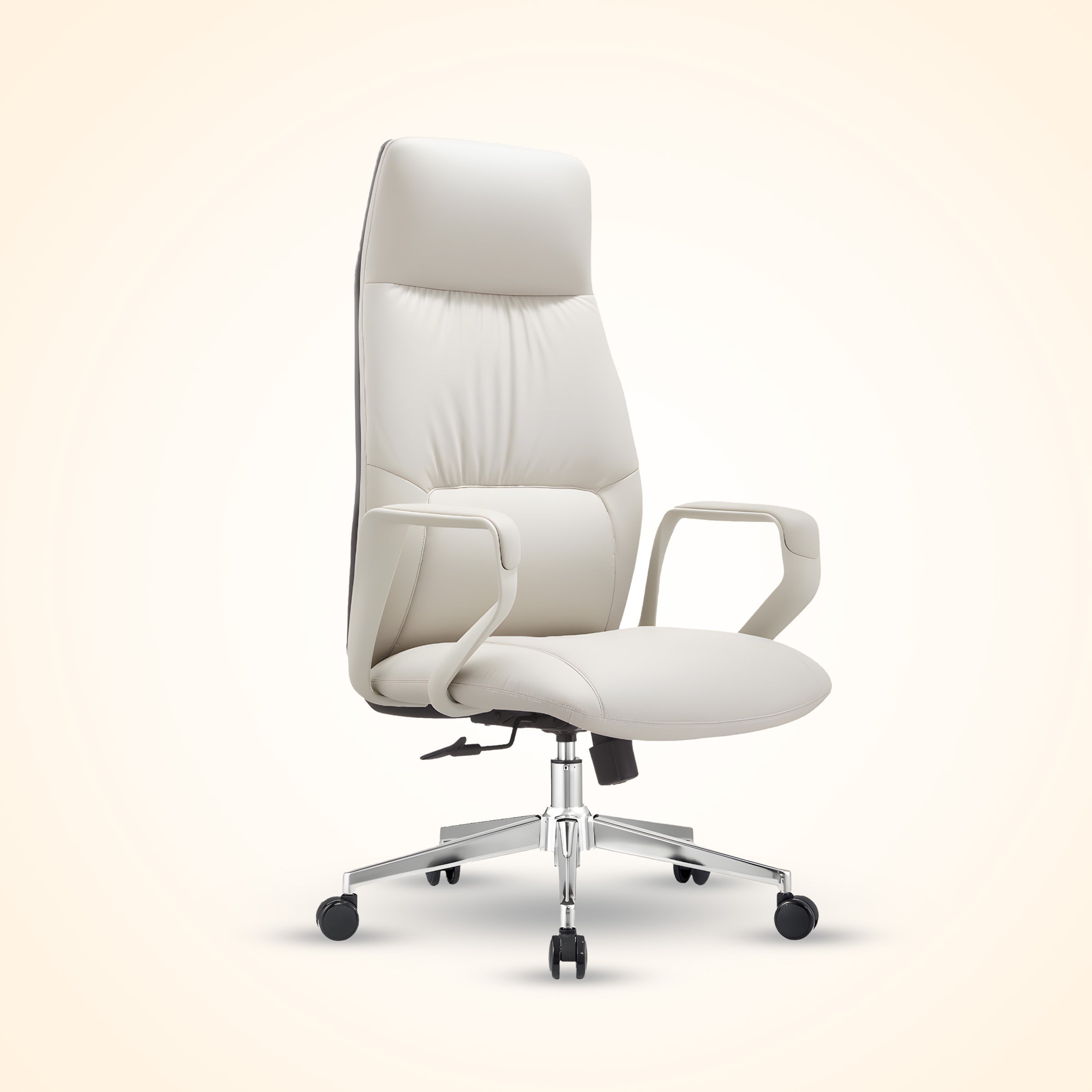 Pearl White leather executive office chair with high back and chrome base, ergonomic design for comfort and support. Perfect for a modern office or home workspace in Bangladesh.