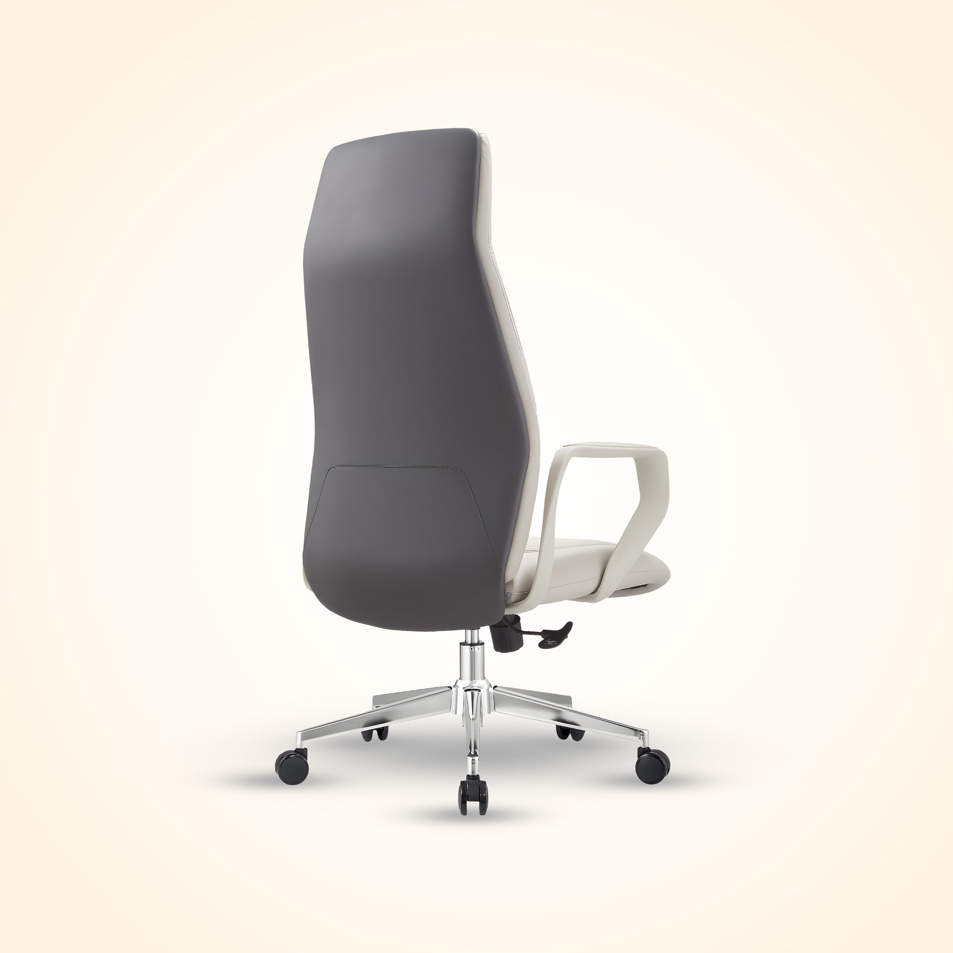 Pearl White leather executive office chair with high back and chrome base, ergonomic design for comfort and support. Perfect for a modern office or home workspace in Bangladesh.
