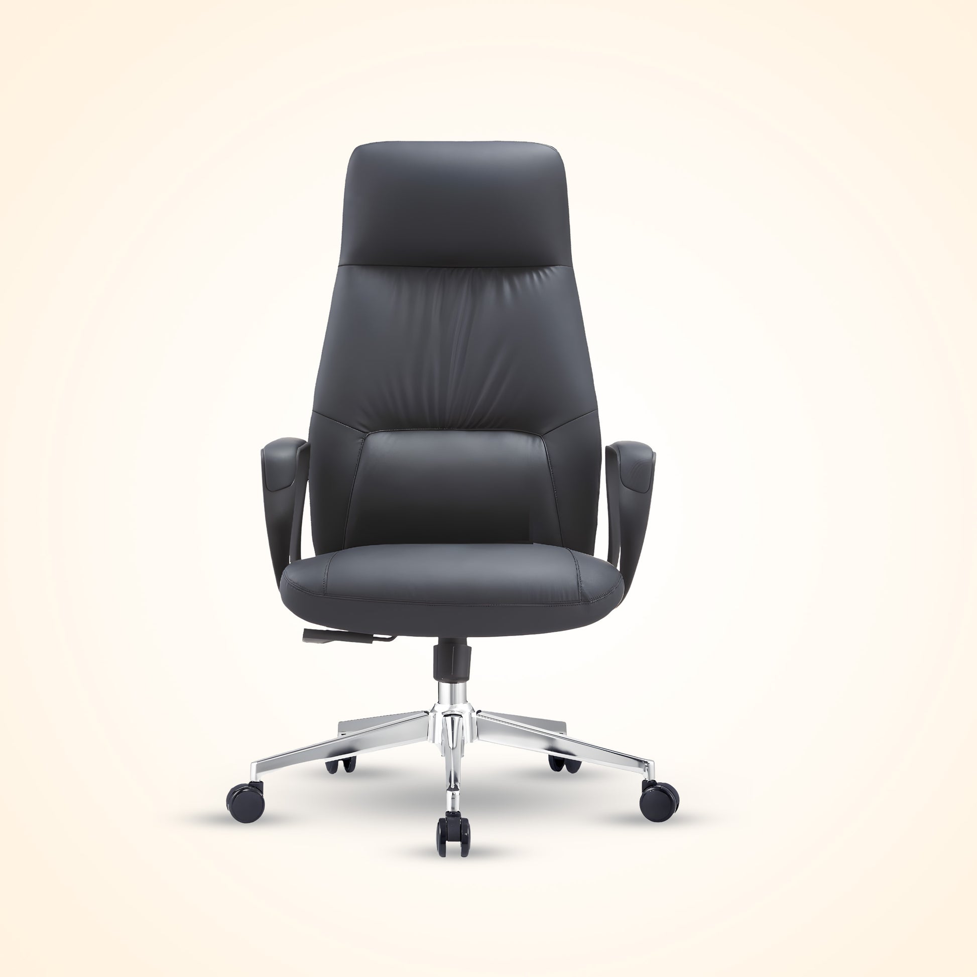 Black leather executive office chair with high back and chrome base, ergonomic design for comfort and support. Perfect for a modern office or home workspace in Bangladesh.