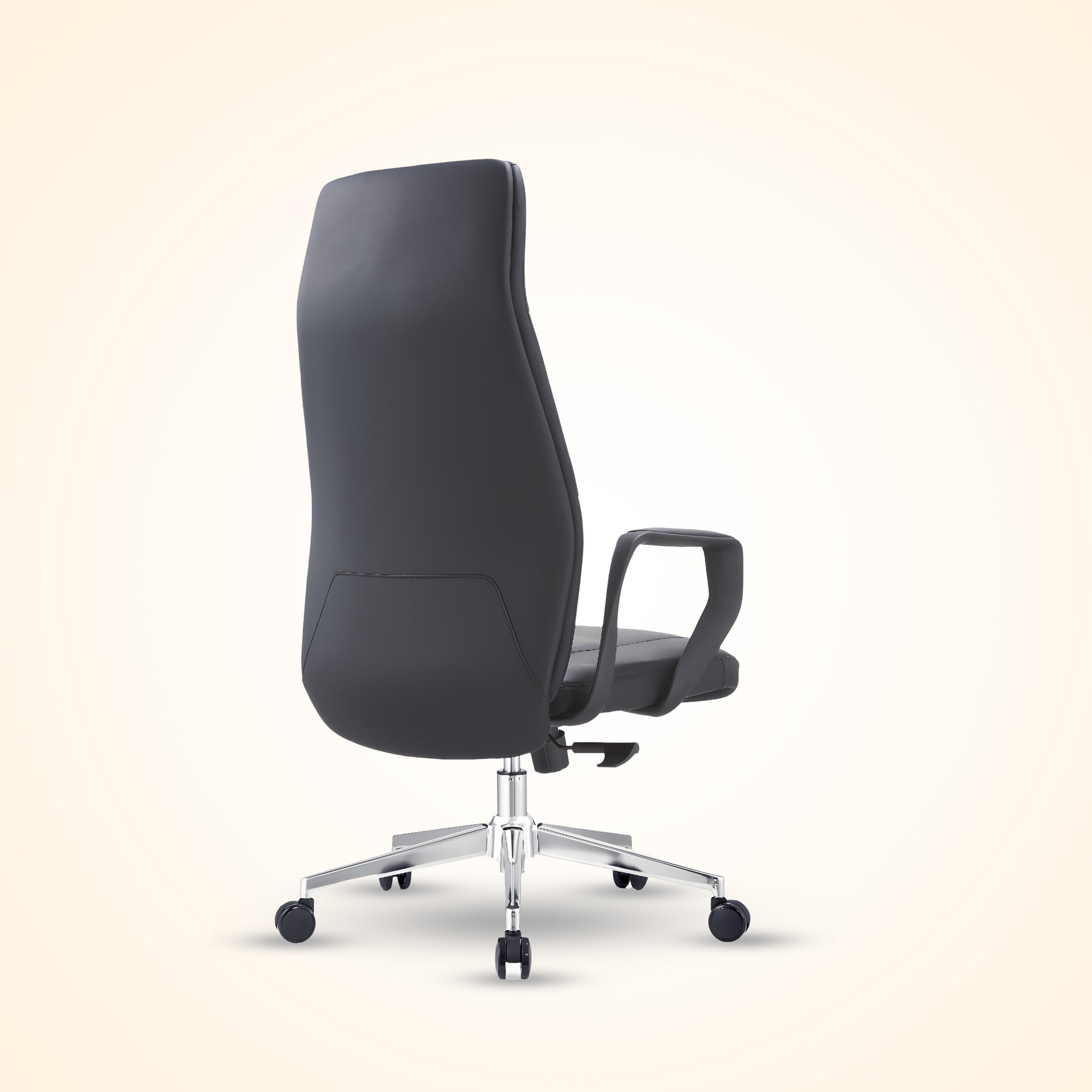 Black leather executive office chair with high back and chrome base, ergonomic design for comfort and support. Perfect for a modern office or home workspace in Bangladesh.