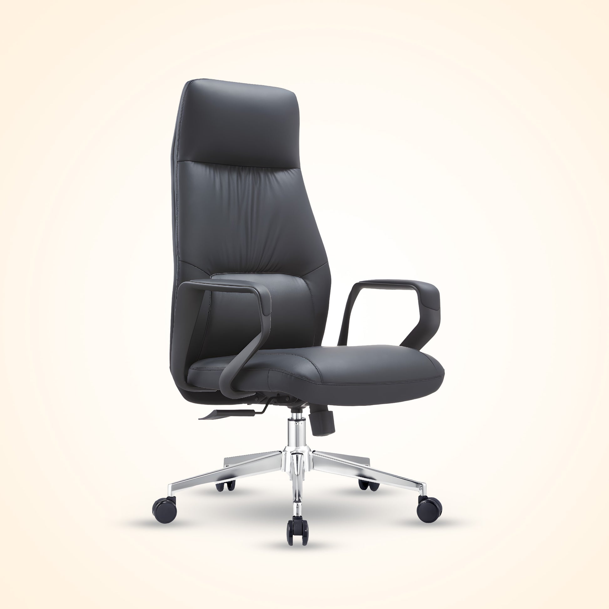 Black leather executive office chair with high back and chrome base, ergonomic design for comfort and support. Perfect for a modern office or home workspace in Bangladesh.