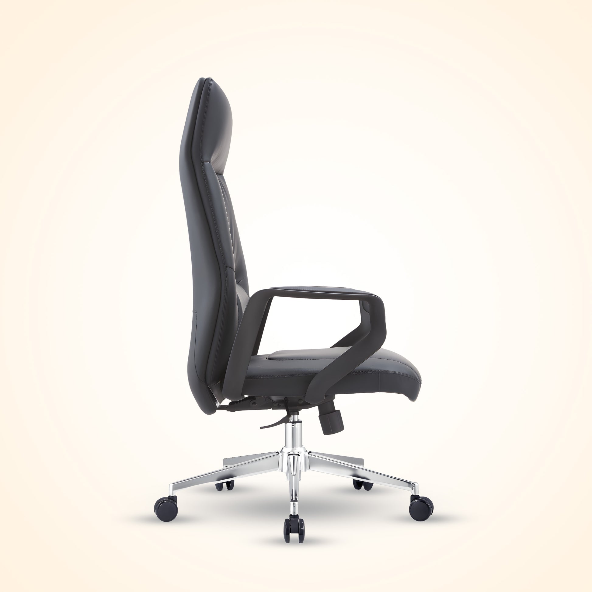 Black leather executive office chair with high back and chrome base, ergonomic design for comfort and support. Perfect for a modern office or home workspace in Bangladesh.
