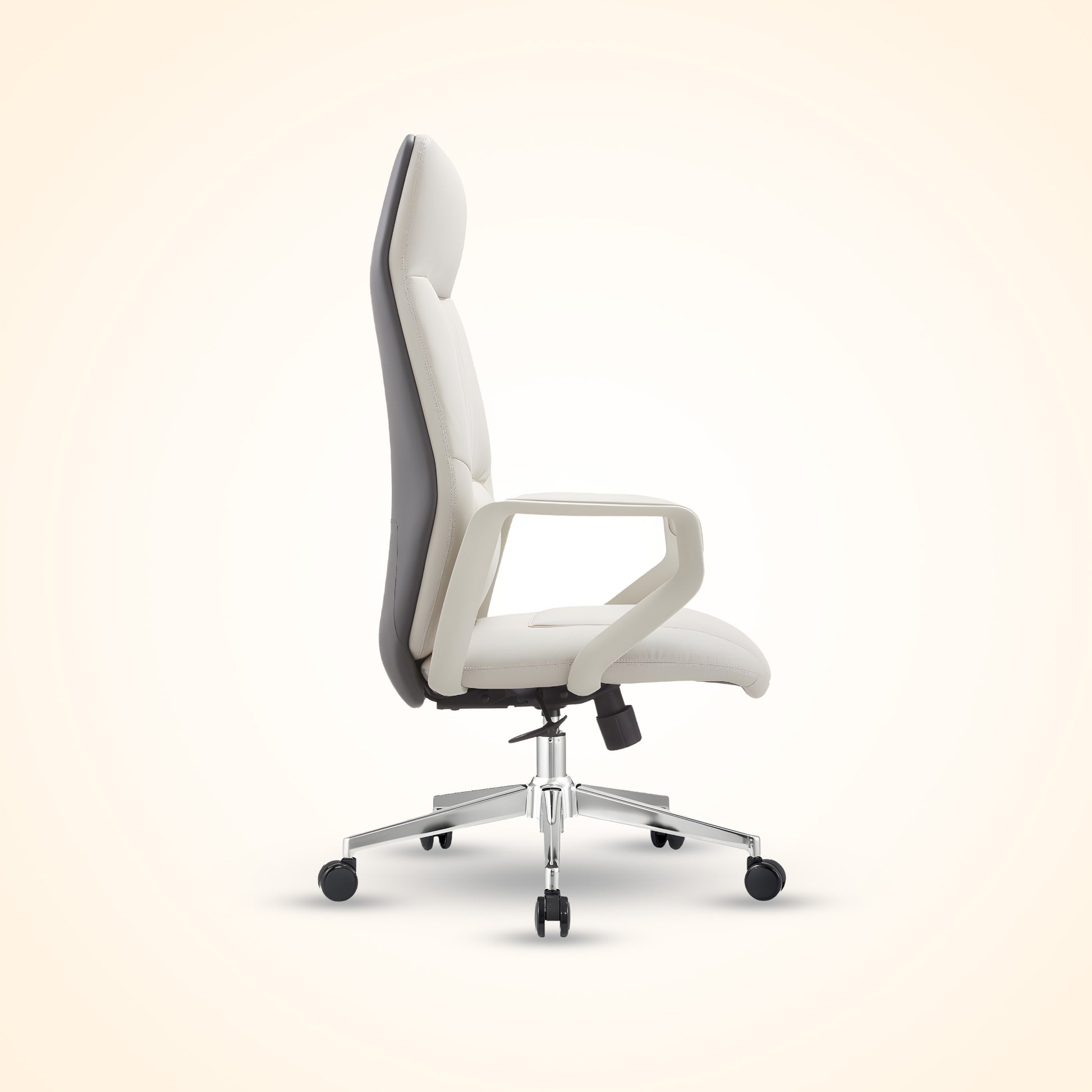 Pearl White leather executive office chair with high back and chrome base, ergonomic design for comfort and support. Perfect for a modern office or home workspace in Bangladesh.