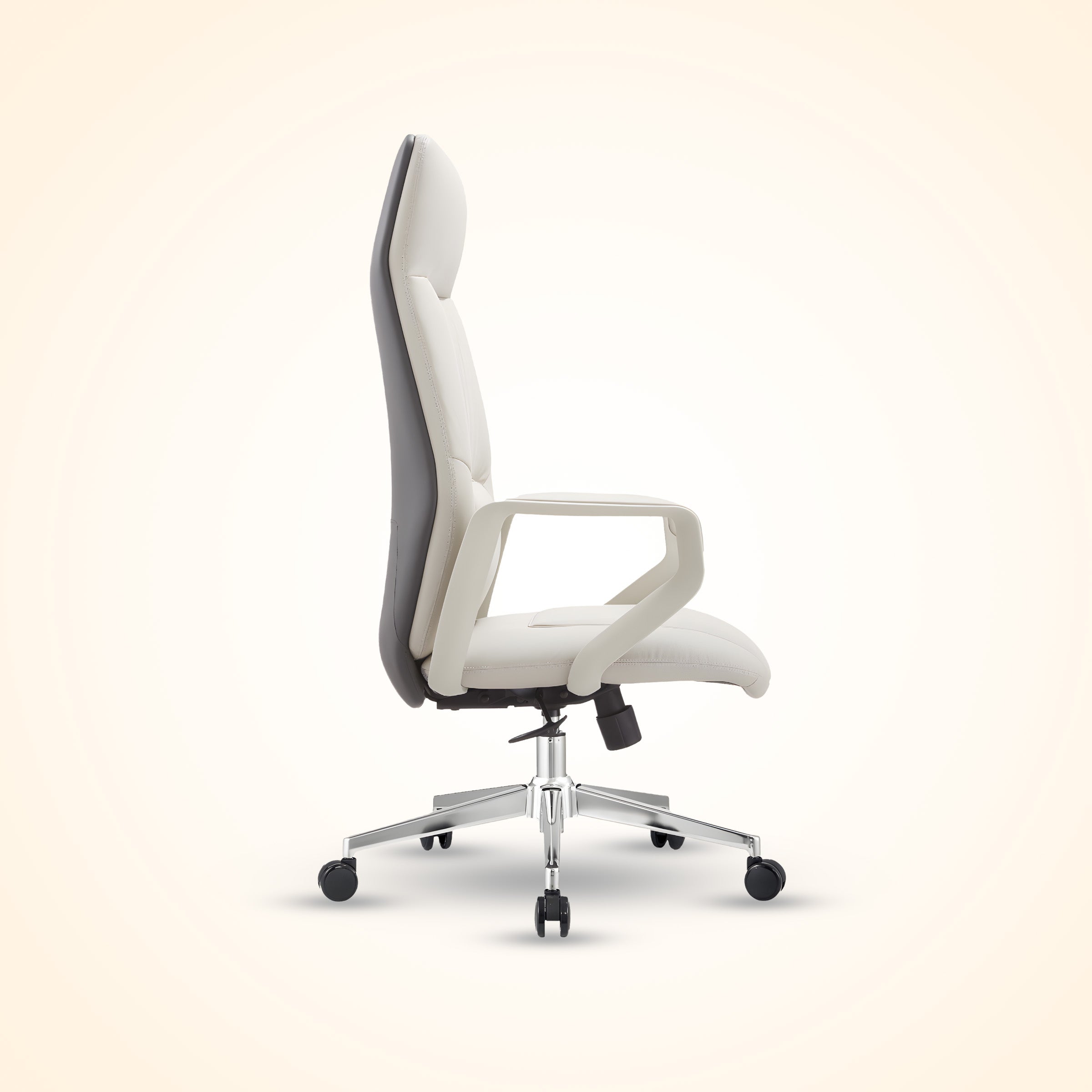 Pearl White leather executive office chair with high back and chrome base, ergonomic design for comfort and support. Perfect for a modern office or home workspace in Bangladesh.