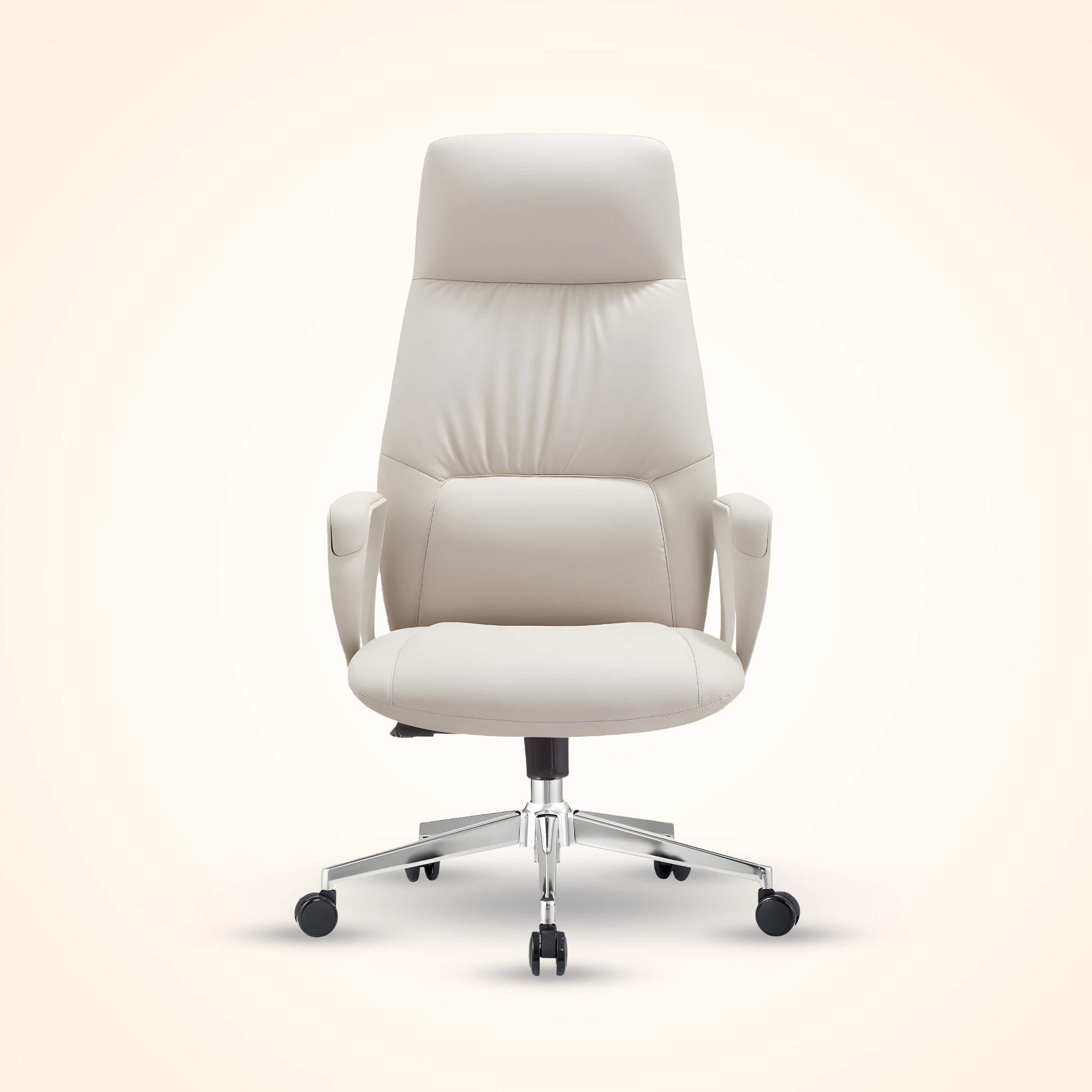 Pearl White leather executive office chair with high back and chrome base, ergonomic design for comfort and support. Perfect for a modern office or home workspace in Bangladesh.