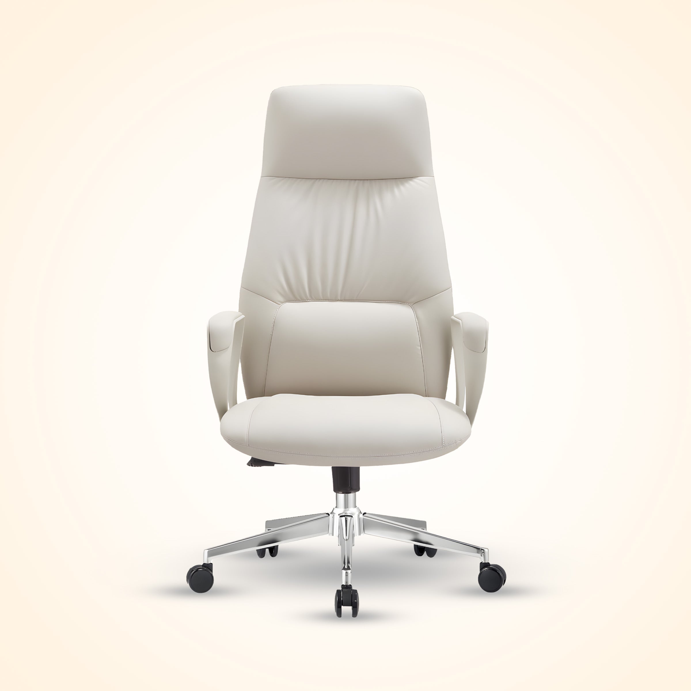 Pearl White leather executive office chair with high back and chrome base, ergonomic design for comfort and support. Perfect for a modern office or home workspace in Bangladesh.
