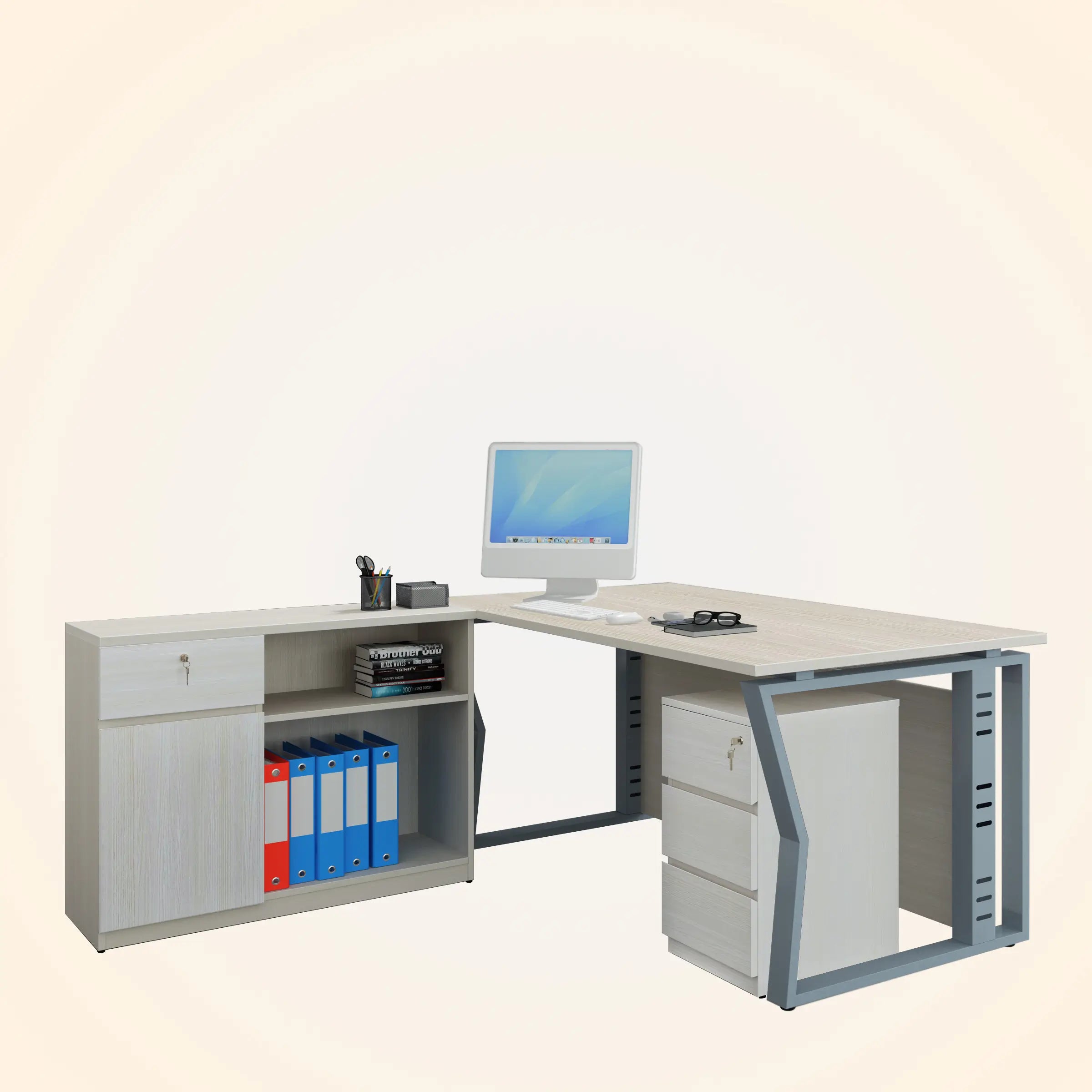 Modern L-shaped Director Table for sale in Bangladesh, featuring a side rack with open shelves and a lockable drawer, and a separate three-drawer pedestal for storage.