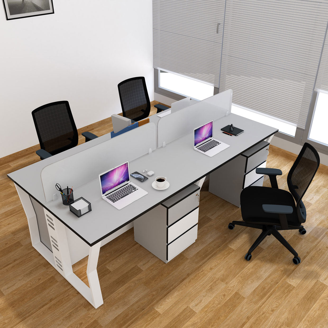 Workstation | Alabaster | 4 Seater | Face to Face | Side Rack