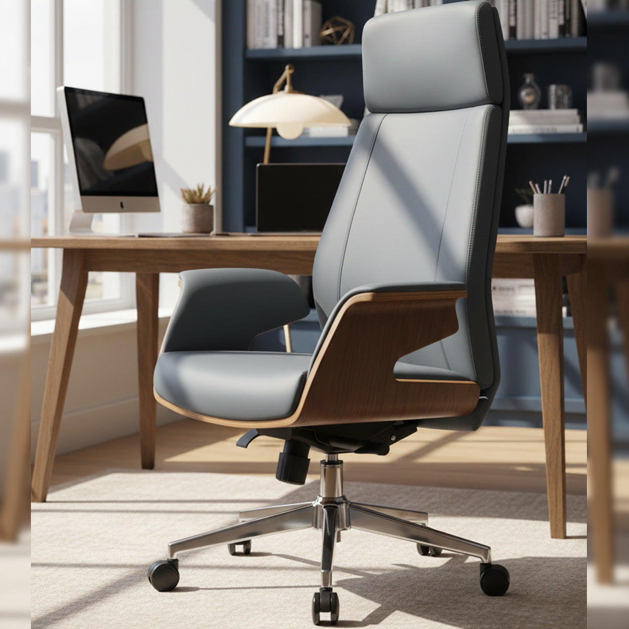 Gray office chair in a modern office setting with a desk and computer.